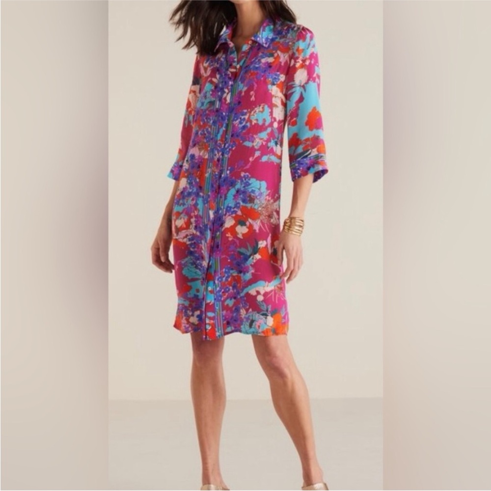 SOFT SURROUNDINGS Garden Path Shirt Dress Bright Floral Midi Playful Pink